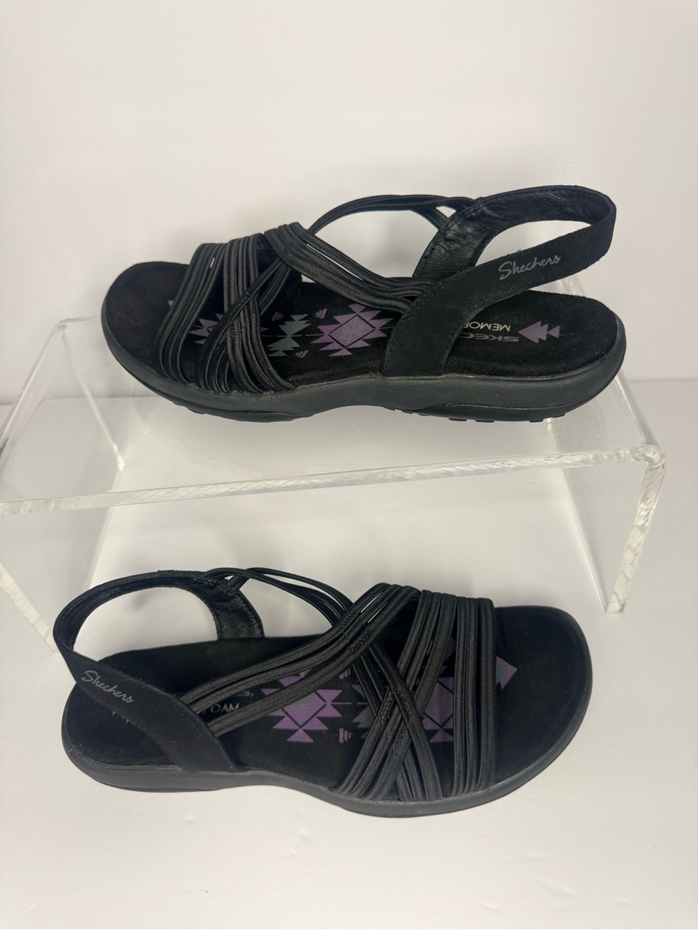 Skechers Black Strappy Slingback Sandals with Purple Insole Pattern
